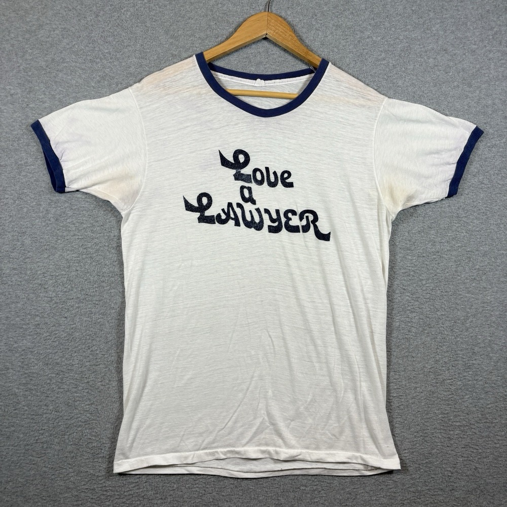 Vtg 70s Love A Lawyer Ringer T Shirt XL Paper Tag Single Stitch Novelty Tee USA